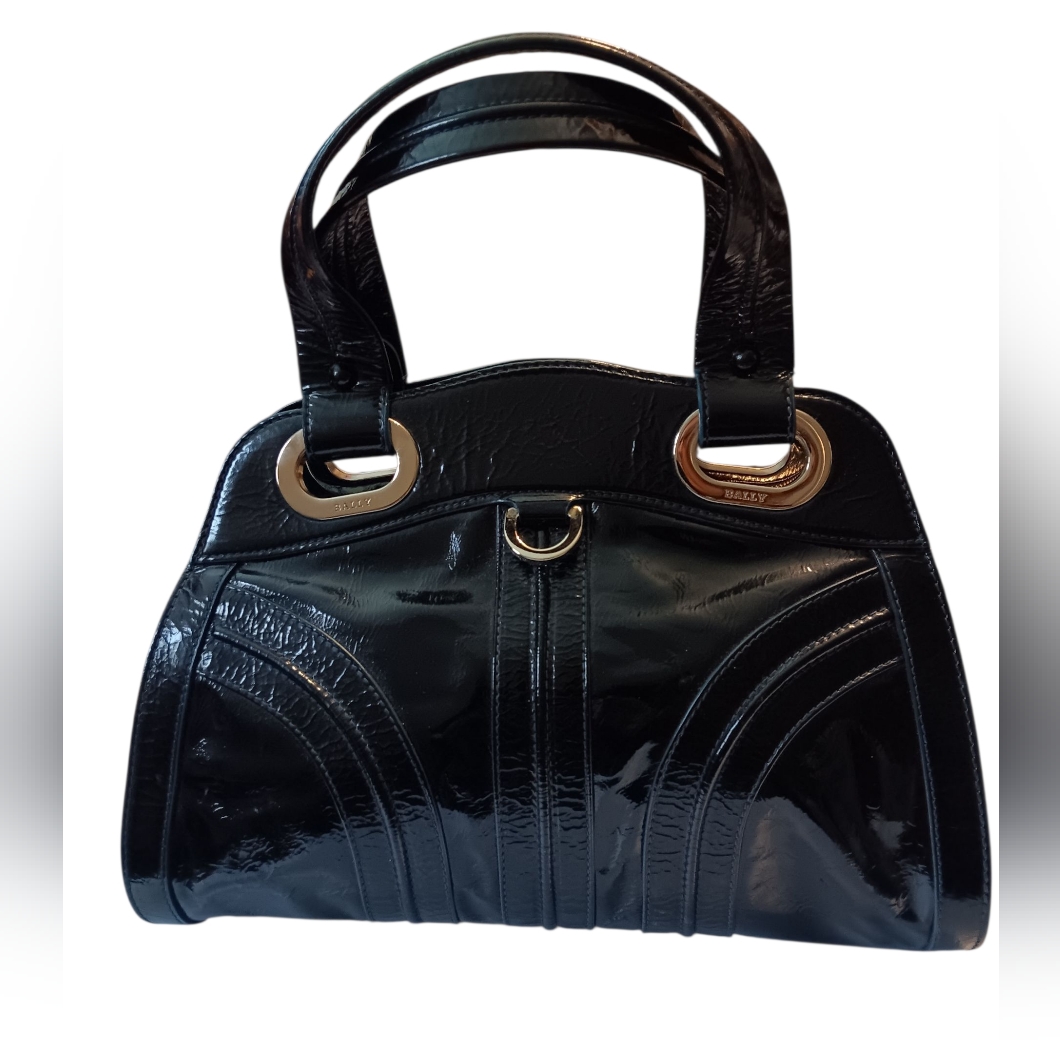 Bally Glossy Navy Blue Shoulder Bag With Metal Accents